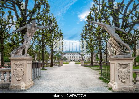 The Mirabell Gardens (in German Mirabellgarten) around the Mirabell Palace in the Austrian city of Salzburg. Entrance from Makarplatz. Stock Photo