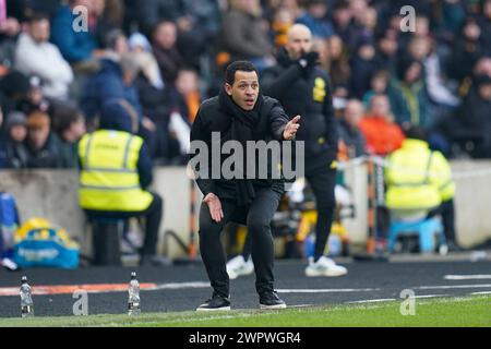 Hull, UK. 09th Mar, 2024. Hull City Manager Liam Rosenior reacts during the Hull City AFC v Leicester City FC sky bet EFL Championship match at the MKM Stadium, Hull, England, United Kingdom on 9 March 2024 Credit: Every Second Media/Alamy Live News Stock Photo