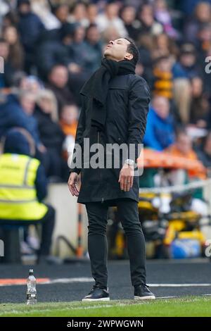 Hull, UK. 09th Mar, 2024. Hull City Manager Liam Rosenior reacts during the Hull City AFC v Leicester City FC sky bet EFL Championship match at the MKM Stadium, Hull, England, United Kingdom on 9 March 2024 Credit: Every Second Media/Alamy Live News Stock Photo