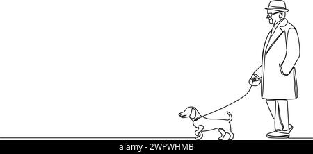 continuous single line drawing of elderly man walking his wiener dog, line art vector illustration Stock Vector