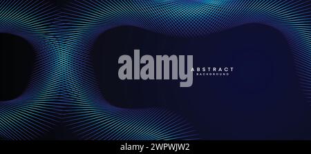Abstract Dark Blue Waving circles lines Technology Background. Modern Navy Blue gradient web banner with glowing lines shiny geometric diagonal shape Stock Vector