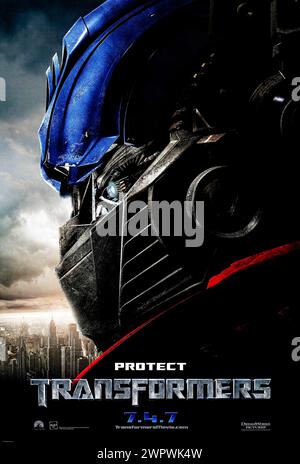 Transformers (2007) directed by Michael Bay and starring Shia LaBeouf, Megan Fox and Josh Duhamel. An ancient struggle between two Cybertronian races, the heroic Autobots and the evil Decepticons, comes to Earth, with a clue to the ultimate power held by a teenager. Photograph of an original 2007 US advance poster. ***EDITORIAL USE ONLY*** Credit: BFA / Paramount Pictures Stock Photo