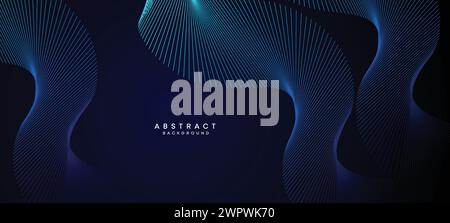 Abstract Dark Blue Waving circles lines Technology Background. Modern Navy Blue gradient web banner with glowing lines shiny geometric diagonal shape Stock Vector