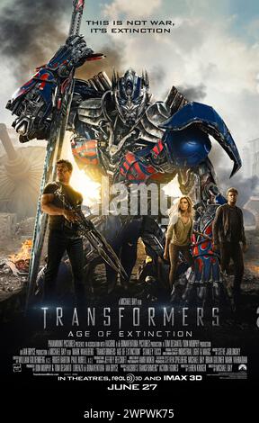 Transformers: Age of Extinction (2014) directed by Michael Bay and starring Mark Wahlberg, Nicola Peltz Beckham and Jack Reynor. When humanity allies with a bounty hunter in pursuit of Optimus Prime, the Autobots turn to a mechanic and his family for help. Photograph of an original 2014 US one sheet poster. ***EDITORIAL USE ONLY*** Credit: BFA / Paramount Pictures Stock Photo