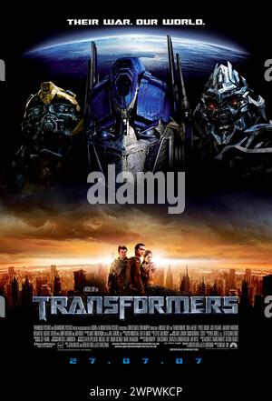 Transformers (2007) directed by Michael Bay and starring Shia LaBeouf, Megan Fox and Josh Duhamel. An ancient struggle between two Cybertronian races, the heroic Autobots and the evil Decepticons, comes to Earth, with a clue to the ultimate power held by a teenager. US one sheet poster. ***EDITORIAL USE ONLY*** Credit: BFA / Paramount Pictures Stock Photo