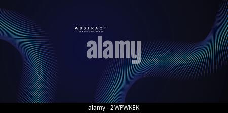 Abstract Dark Blue Waving circles lines Technology Background. Modern Navy Blue gradient web banner with glowing lines shiny geometric diagonal shape Stock Vector