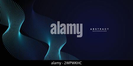 Abstract Dark Blue Waving circles lines Technology Background. Modern Navy Blue gradient web banner with glowing lines shiny geometric diagonal shape Stock Vector