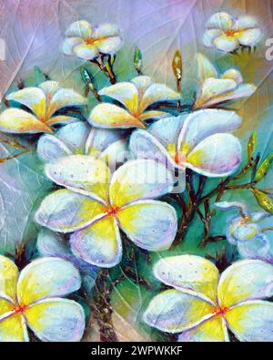 Original oil painting frangipani flower and Plumeria Stock Photo