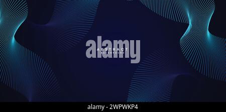 Abstract Dark Blue Waving circles lines Technology Background. Modern Navy Blue gradient web banner with glowing lines shiny geometric diagonal shape Stock Vector