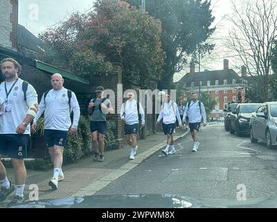 Richmond, UK. 09th Mar, 2024. Richmond Hill Hotel, Richmond. 09th March 2024. The England rugby team leaving the Richmond Hill Hotel in Richmond en route to their 6 Nations rugby match against Ireland at Twickenham. Credit: james jagger/Alamy Live News Stock Photo