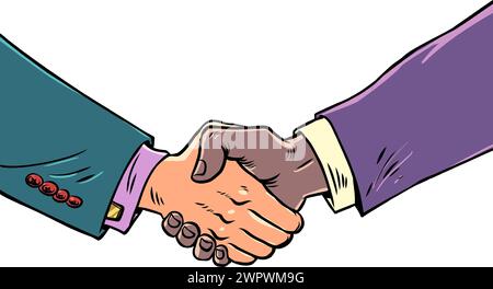 Handshake of male hands at a business meeting. International cooperation in all areas. Business expansion to other markets and industries. Comic carto Stock Vector