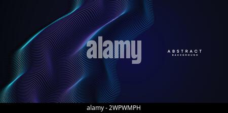 Abstract Dark Blue Waving circles lines Technology Background. Modern Navy Blue gradient web banner with glowing lines shiny geometric diagonal shape Stock Vector