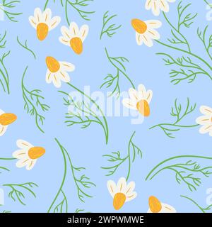 Seamless pattern with daisy flower, small white flower and green leaves. Cute floral pastoral print. Boho, rustic style. For wallpaper, fabric, wrappi Stock Vector