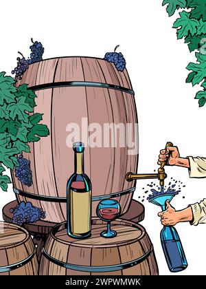 The process of making wine and drinking it. A man pours a bottle of liquid from a barrel of grapes. Alcoholic drinks with incredible taste for a resta Stock Vector