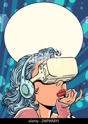 A girl wearing headphones and VR glasses sits in a cafe. Dream and daydream about an alternative universe. Technological leap in the field of VR devel Stock Vector