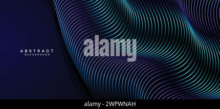 Abstract Dark Blue Waving circles lines Technology Background. Modern Navy Blue gradient web banner with glowing lines shiny geometric diagonal shape Stock Vector