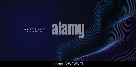 Abstract Dark Blue Waving circles lines Technology Background. Modern Navy Blue gradient web banner with glowing lines shiny geometric diagonal shape Stock Vector