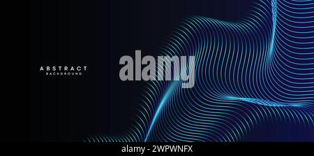 Abstract Dark Blue Waving circles lines Technology Background. Modern Navy Blue gradient web banner with glowing lines shiny geometric diagonal shape Stock Vector
