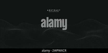 Abstract black white Gradient Flowing Dot Waving Particle geometric Technology Background. Digital Futuristic grey Gradient Dotted Wave Music cover Stock Vector