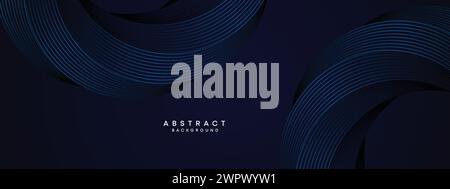Dark Navy Blue Abstract Waving Circles Lines Technology Background. Modern Blue Gradient with Glowing Lines Geometric Shape Diagonal Banner Web Header Stock Vector