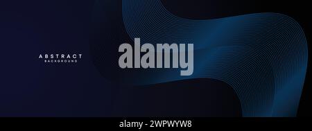 Dark Navy Blue Abstract Waving Circles Lines Technology Background. Modern Blue Gradient with Glowing Lines Geometric Shape Diagonal Banner Web Header Stock Vector