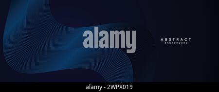 Dark Navy Blue Abstract Waving Circles Lines Technology Background. Modern Blue Gradient with Glowing Lines Geometric Shape Diagonal Banner Web Header Stock Vector