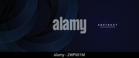 Dark Navy Blue Abstract Waving Circles Lines Technology Background. Modern Blue Gradient with Glowing Lines Geometric Shape Diagonal Banner Web Header Stock Vector