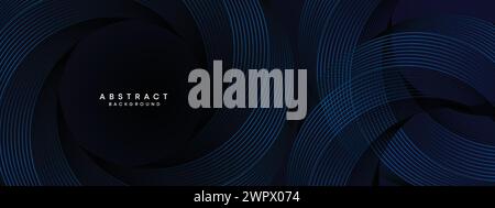 Dark Navy Blue Abstract Waving Circles Lines Technology Background. Modern Blue Gradient with Glowing Lines Geometric Shape Diagonal Banner Web Header Stock Vector