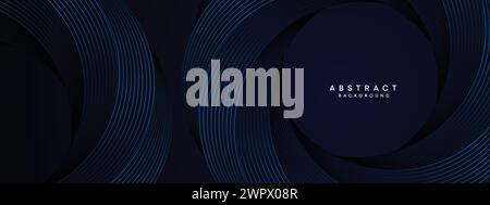 Dark Navy Blue Abstract Waving Circles Lines Technology Background. Modern Blue Gradient with Glowing Lines Geometric Shape Diagonal Banner Web Header Stock Vector