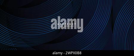 Dark Navy Blue Abstract Waving Circles Lines Technology Background. Modern Blue Gradient with Glowing Lines Geometric Shape Diagonal Banner Web Header Stock Vector
