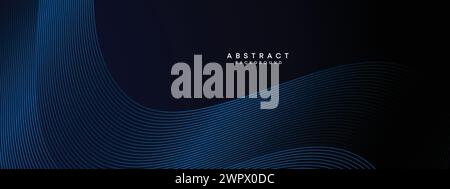 Dark Navy Blue Abstract Waving Circles Lines Technology Background. Modern Blue Gradient with Glowing Lines Geometric Shape Diagonal Banner Web Header Stock Vector