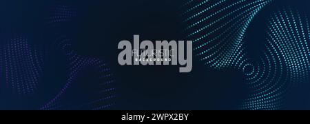 background in futuristic data technology. Halftone waves with dots. flowing dots on a dark blue backdrop. Particles of digital waves in abstraction Stock Vector