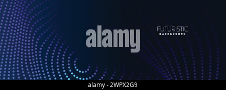 background in futuristic data technology. Halftone waves with dots. flowing dots on a dark blue backdrop. Particles of digital waves in abstraction Stock Vector
