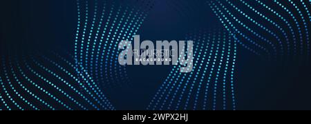 background in futuristic data technology. Halftone waves with dots. flowing dots on a dark blue backdrop. Particles of digital waves in abstraction Stock Vector