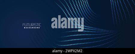 background in futuristic data technology. Halftone waves with dots. flowing dots on a dark blue backdrop. Particles of digital waves in abstraction Stock Vector