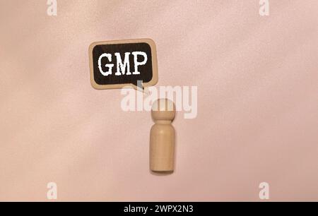 Concept word 'GMP, good manufacturing practice' on cubes on a beautiful dark wooden background. Business concept. Copy space. Stock Photo