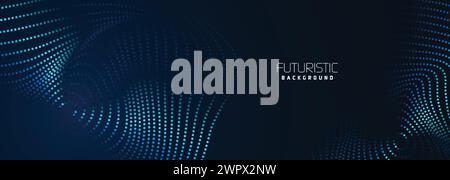 background in futuristic data technology. Halftone waves with dots. flowing dots on a dark blue backdrop. Particles of digital waves in abstraction Stock Vector