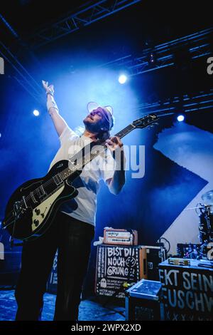 Solothurn, Switzerland. 08th Mar, 2024. The German indie rock band Sportfreunde Stiller performs a live concert at Kofmehl in Solothurn. Here singer and guitarist Peter Brugger is seen live on stage. (Photo Credit: Gonzales Photo/Alamy Live News Stock Photo