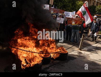 Beirut, Lebanon. 08th Mar, 2024. Lebanese citizens protest at banks in Hamra, Beirut, Lebanon on Mar. 8, 2024. Since the 2019 banking collapse, Lebanese depositors have been barred from withdrawing from their savings. This was an attempt by the banks to combat the liquidity crunch, but has harmed depositors. (Photo by Collin Mayfield/SIPA USA) Credit: Sipa USA/Alamy Live News Stock Photo