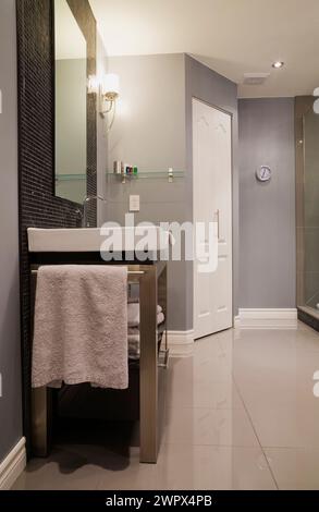 Stainless steel vanity and white rectangular sink in bathroom with ceramic tile floor inside luxurious home. Stock Photo