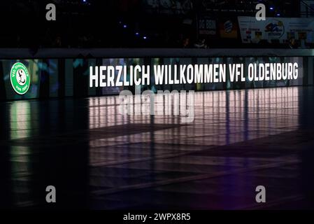 Logo of VfL Oldenburg and lettering Welcome on an LED advertising board in front of the Haushahn Final4 semi-final game between VfL Oldenburg and TuS Metzingen, Porsche Arena, Stuttgart. (Sven Beyrich/SPP) Credit: SPP Sport Press Photo. /Alamy Live News Stock Photo