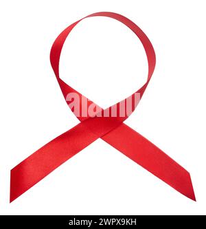 Red silk ribbon folded into a loop on an isolated background, top view Stock Photo