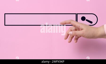 Female hand with a raised forefinger and a virtual loading bar. Abstract future background, close up Stock Photo