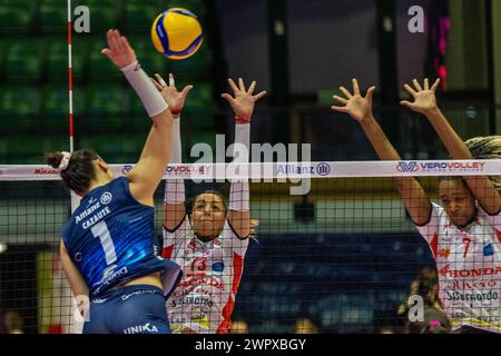 Milan, Italy. 09th Mar, 2024. Spike of Helena Cazaute (Allianz VV Milano) during Allianz VV Milano vs Cuneo Granda Volley, Volleyball Italian Serie A1 Women match in Milan, Italy, March 09 2024 Credit: Independent Photo Agency/Alamy Live News Stock Photo