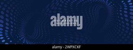 Dark blue digital technology banner gradient web background. Blue abstract waving lines halftone circles frame glowing geometric diagonal background Stock Vector