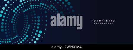 Dark blue digital technology banner gradient web background. Blue abstract waving lines halftone circles frame glowing geometric diagonal background Stock Vector