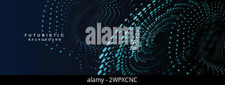 Dark blue digital technology banner gradient web background. Blue abstract waving lines halftone circles frame glowing geometric diagonal background Stock Vector