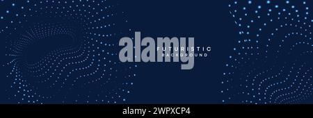 Dark blue digital technology banner gradient web background. Blue abstract waving lines halftone circles frame glowing geometric diagonal background Stock Vector