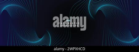Dark blue digital technology banner gradient web background. Blue abstract waving lines and halftone circles glowing geometric diagonal web banner Stock Vector