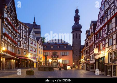 Cochem Town Hall, Saint Martin Church and Market square at night, Germany Stock Photo